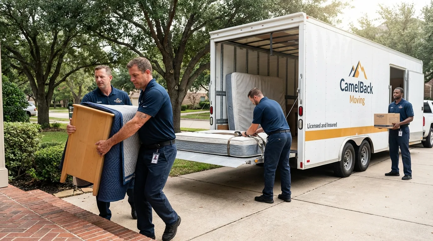 Crew loading residential truck for cross-state move from Running Springs, CA