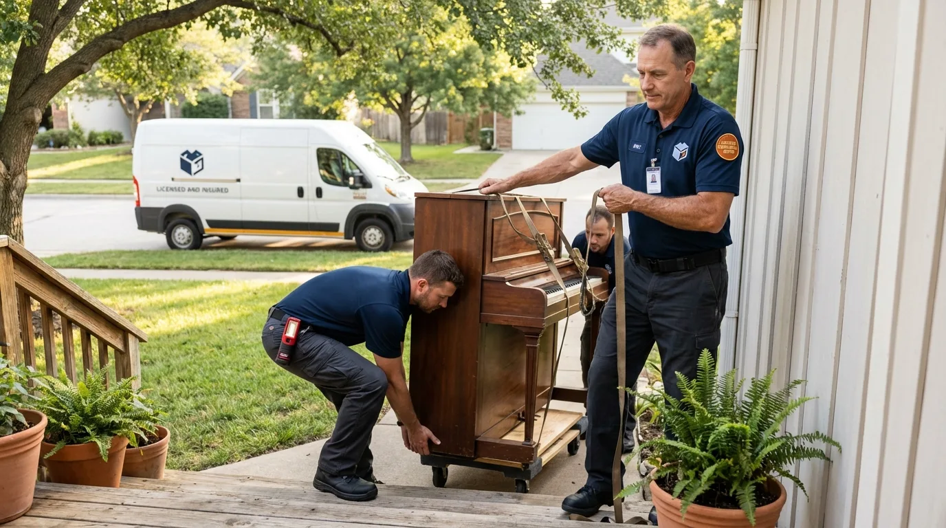 Licensed piano movers securing grand piano in Running Springs, CA