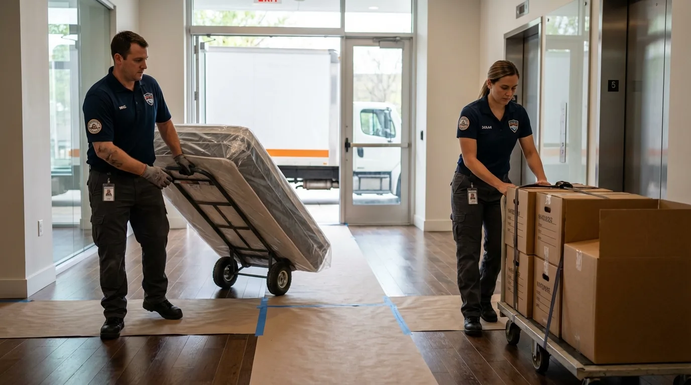 Professional apartment movers loading elevator in Running Springs, CA