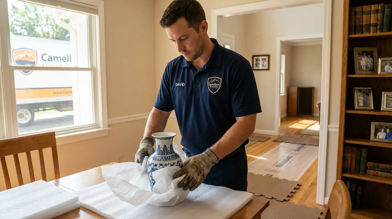 Professional crew carefully wrapping antique vase for senior downsizing move in Running Springs, CA