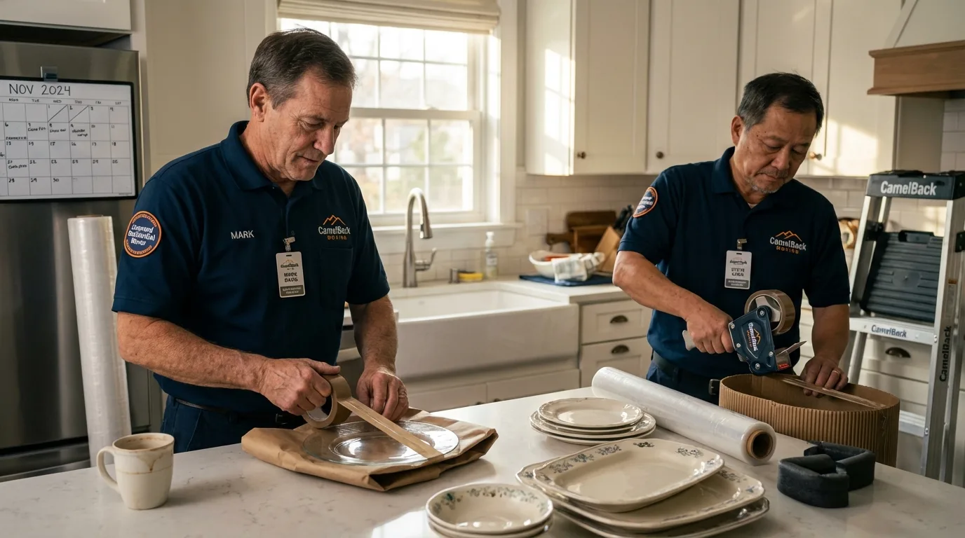 Professional crew packing kitchen dishware in Running Springs, CA